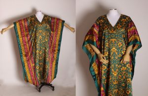 1980s Burgundy, Green and Gold Abstract Swirl Flower Pattern Caftan Dress by Winlar