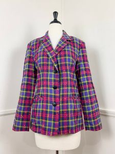 Medium | 1990's Vintage Pink and Purple Plaid Tweed Blazer | Clueless | Bust 38'' | Pockets