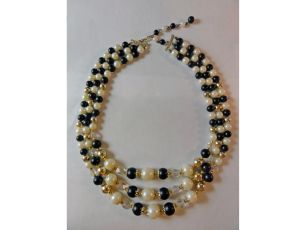 Vintage Choker 60s Necklace Faux Pearls, Crystals with Black and Gold Beads Multi Strand Japan