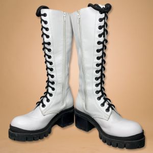 Vintage 2000s Jeffrey Campbell PLASMA White Leather Chunky Knee High Tall Combat Boots | 8.5 - Fashionconstellate.com