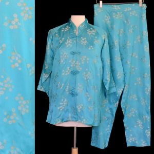 50s Asian Jacket and Pants Set, Turquoise Blue Rayon Floral Jacquard, Cheongsam Style Tunic Jacket