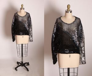 1970s Black, Blue and Silver Stripe Long Sleeve Sequin Shirt Blouse by Toppettes by A. Brod