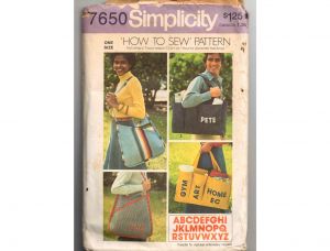 1970s Tote Bag Sewing Pattern with Alphabet Transfers - Large Purse Handbag Shoulder Bag Dated 1976