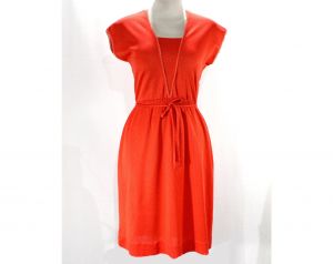 Size 8 Orange Dress - New Wave 1980s Medium Summer Sheath - Coral Shimmer Knit - Cap Short Sleeves 