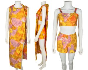 Vintage 1960s Resort Play Suit Set Two Piece with Cover Up Dress