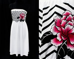 1980s Sun Dress - Black & White Zig Zag with Fuschia Pink Tropical Flower - New Wave 80s Summer 