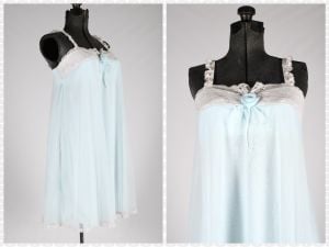 Vintage 1960s Blue Babydoll Sleeveless Nightgown by Olga | S