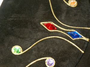 1980s Black Suede Shoulder Bag with Colorful Gems  | J Renee | 7.75'' W x 9'' H x 1.75'' D - Fashionconstellate.com