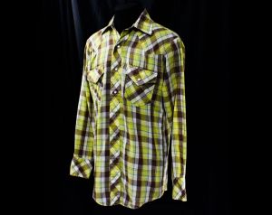Men's Small Western Shirt - 1970s 80s Yellow Plaid Cotton Cowboy Shirt - Mens Rockabilly - Summer - Fashionconstellate.com