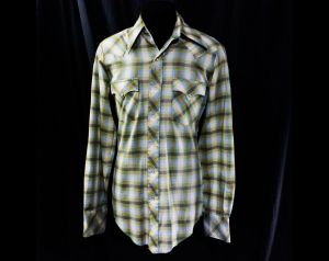 1960s Western Shirt - Men's XS Long Sleeve Cowboy Shirt - 1950s 60s Cow Hand Haze Plaid Cotton