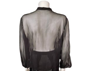Vintage 1940s Blouse Sheer Black Chiffon with Decorative Bib Size L - Fashionconstellate.com