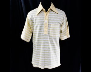 Men's XXS Polo Shirt - 1970s 80s Striped Summer Top - Apricot Peach White Nubby Faux Linen Knit