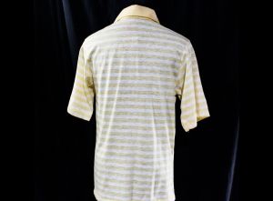 Men's XXS Polo Shirt - 1970s 80s Striped Summer Top - Apricot Peach White Nubby Faux Linen Knit - Fashionconstellate.com