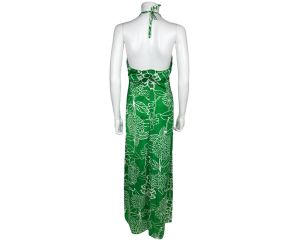 Vintage 1970s Halter Maxi Dress Tropical Print Beatrice Pines Montreal Size 14 - Fashionconstellate.com
