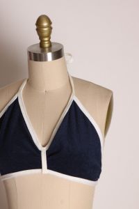 1970s Navy Blue and White Terry Cloth Bikini Style Halter Top - M - Fashionconstellate.com