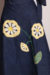 1970s Blue, Yellow, White and Green Flower Appliqué Denim Wrap Skirt - M-L - Fashionconstellate.com