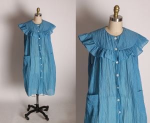 1950s Blue Ruffle Collar Cap Sleeve Button Up Pocketed Nightgown House Dress Robe