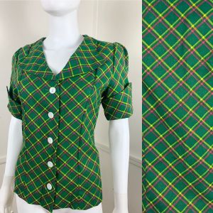 1970's Vintage Green Plaid Button Down Blouse | Best fit Medium to Large
