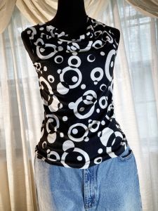 M/ 90’s Black and White Abstract Tank Top, Geometric Circle Print Blouse with Cowl Neck, Slinky