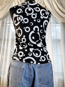 M/ 90’s Black and White Abstract Tank Top, Geometric Circle Print Blouse with Cowl Neck, Slinky - Fashionconstellate.com