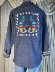 L/ Men’s Vintage 70’s Tribal Denim Shirt, Aztec Bird Embroidery, Lightweight Dark Blue Plaid Denim J - Fashionconstellate.com