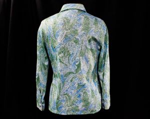 1970s Knit Shirt - Blue Green Flourish Print Polyester - Long Sleeve Casual 70s Top - Small Size 6  - Fashionconstellate.com