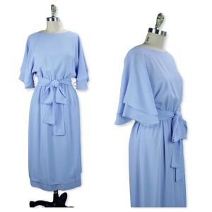 80s Don Wolf Couture Blue Crepe Midi Dress with Butterfly Sleeves, Sz S