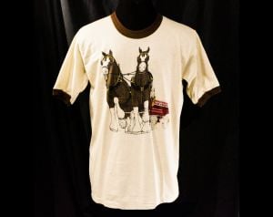 Vintage Clydesdale Horses Tee - Teens XL or Adults XS T Shirt - Beer Company Red Wagon Beige Cotton