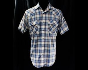 1970s Levi's Western Shirt - Men's Small Short Sleeve Cowboy Shirt 1970s 80s Blue Silver White Plaid - Fashionconstellate.com