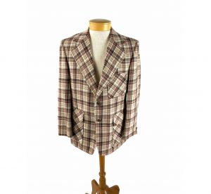 1970s plaid sports coat brown rust wool two button Size 40