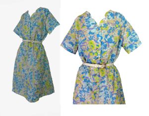 Vintage 50s Blue & Green Pastel Floral Print Cotton Summer Picnic Day Dress | XL