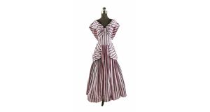 1940s striped gown with bustle hip and big back bow pink black white Size S/M - Fashionconstellate.com