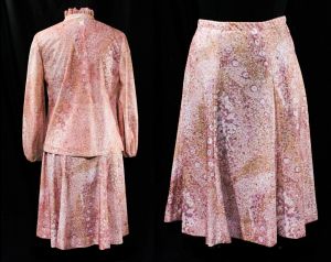 1970s Bubble Print Dress Set - Blush Pink Mauve Polyester Knit Shell, Jacket & Skirt - Size 8 Medium - Fashionconstellate.com
