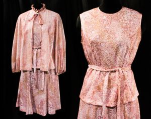 1970s Bubble Print Dress Set - Blush Pink Mauve Polyester Knit Shell, Jacket & Skirt - Size 8 Medium