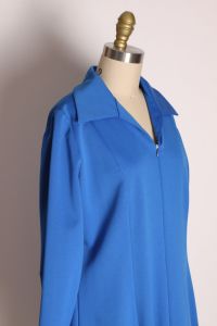 1970s Regal Blue 3/4 Length Sleeve Below the Knee Formal Zip Up Dress - XXL - Fashionconstellate.com