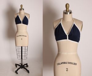 1970s Navy Blue and White Terry Cloth Bikini Style Halter Top - M