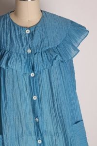 1950s Blue Ruffle Collar Cap Sleeve Button Up Pocketed Nightgown House Dress Robe - Fashionconstellate.com