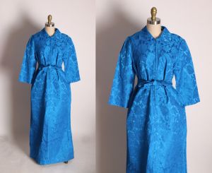 1960s Blue Brocade 3/4 Length Sleeve Full Length Formal Zip Up Front Belted Dress - XL