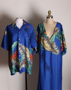 1970s Hawaiian Dress w/Matching Men's Blue Floral Button Up Hawaiian Shirt Two Piece Honeymoon Set - Fashionconstellate.com