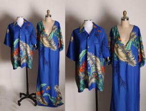 1970s Hawaiian Dress w/Matching Men's Blue Floral Button Up Hawaiian Shirt Two Piece Honeymoon Set