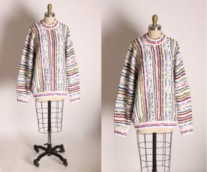 1980s White Multi-Colored Abstract Knit Long Sleeved Funky Sweater by Coogi - L