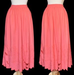 90s Bali Crochet Skirt, Coral Rayon Floral Embroidered Cutwork Maxi Skirt, Hand Made in Indonesia