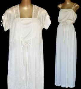70s Off White Maxi Dress with Sheer Jacket Ensemble, Vintage 20s Style Two Piece Set, Size M Medium