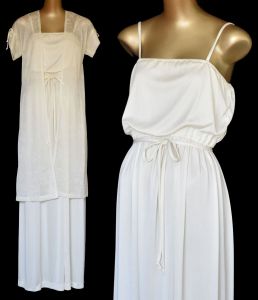 70s Off White Maxi Dress with Sheer Jacket Ensemble, Vintage 20s Style Two Piece Set, Size M Medium - Fashionconstellate.com