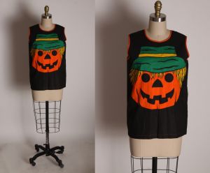 1970s Black, Orange, Green and Yellow Sleeveless Pullover Jack-o-Lantern Halloween Shirt Costume - S