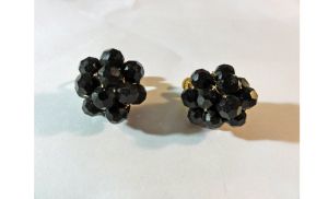 Vintage 1960s Round Black Bead Cluster Comfort Clip Earrings by Vendome