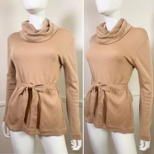 Medium to Large | 1970's Vintage Camel Cowl-Neck Tunic Sweater with Belt | Stretch