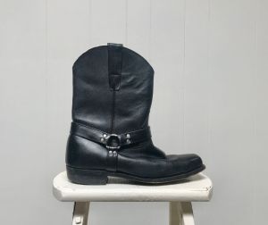 Vintage Black Leather Biker Boots, Short Harness Western Style Grunge Motorcycle Boot, Men's Size 11 - Fashionconstellate.com