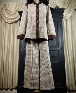 M-L/ Vintage 70’s Plaid Polyester Blazer and Pants Set, Brown Plaid Disco Outfit w/Wide Leg Pants