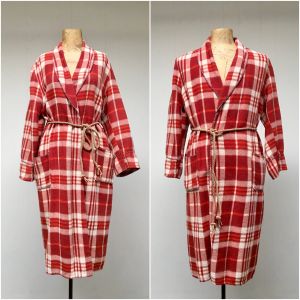 1950s Vintage Beacon Unisex Robe 50s Red Plaid Shawl Collar Cozy Cotton Blend Blanket Robe